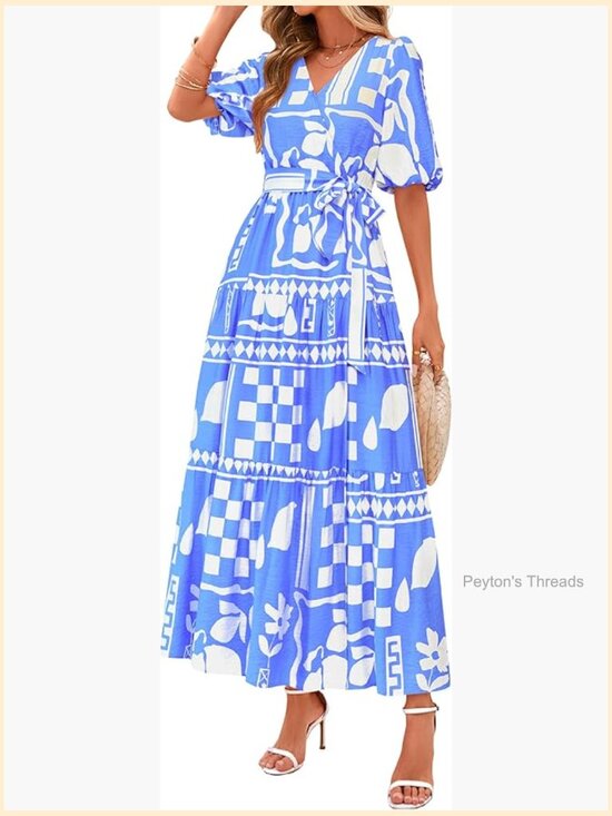 Dresses & Skirts - Women's Maxi Dress V Neck Puff Short Sleeve Flowy Beach Bohemian Resort Wear